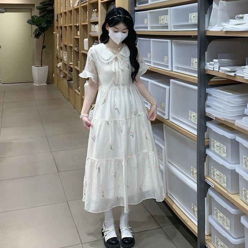 娃娃领短袖连衣裙少女2025夏季新款初中高中学生收腰显瘦碎花裙子