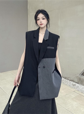 设计感小众拼接西装马甲女春夏2025年新款高级感气质翻领外穿马夹