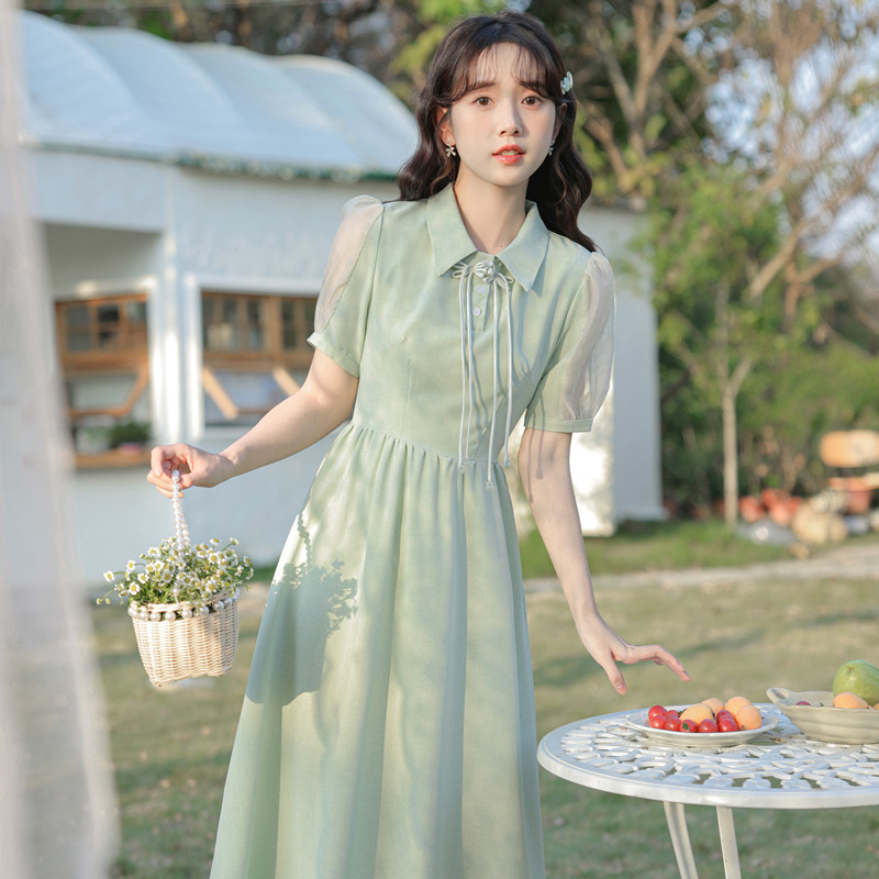 茶歇法式绿色连衣裙女夏季2025新款新中式年轻款少女收腰长裙女装