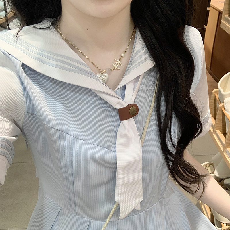 夏季12-15岁女大童海军风中长款短袖过膝长裙子13初中学生连衣裙