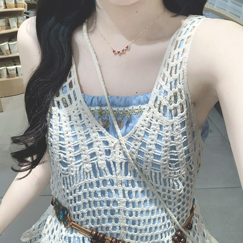 波西米亚蓝色吊带连衣裙女夏设计感镂空流苏两件套绝美度假风长裙,女装/女士精品,连衣裙,淘宝优惠券,粉丝福利购,淘宝优惠卷