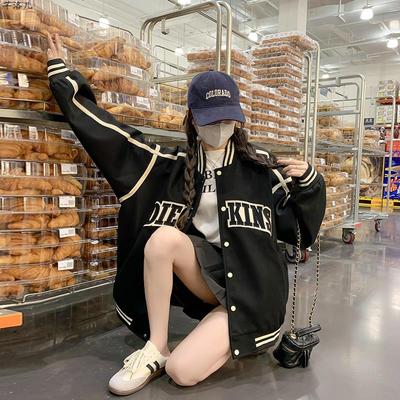 黑色棒球服女春秋美式复古