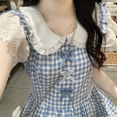 甜美学院风蓝色格子连衣裙少女夏装2025新款初高中学生娃娃领长裙