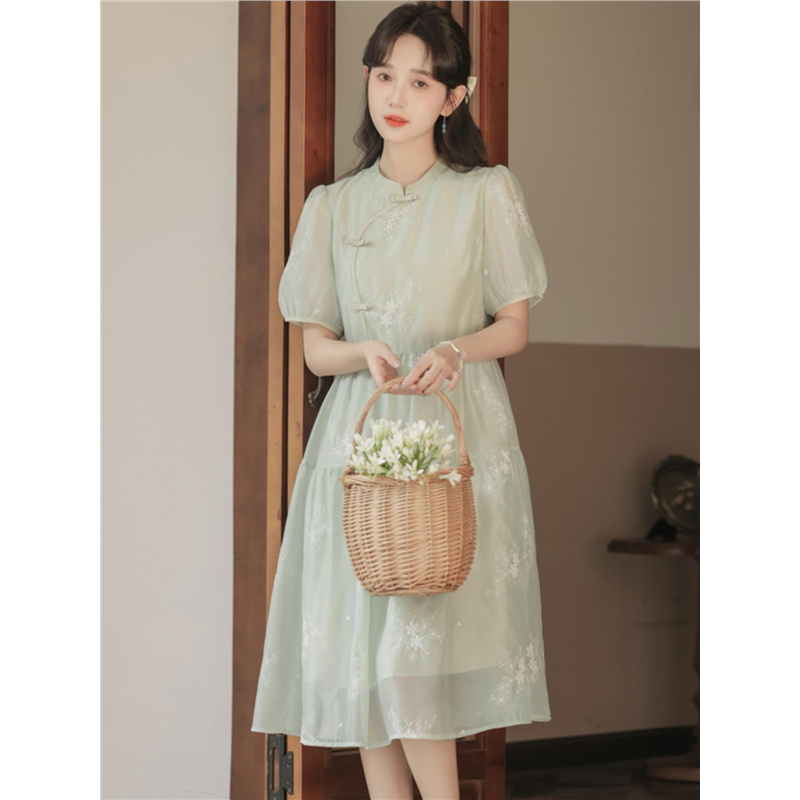 少女夏装2025新款连衣裙初高中学生新中式学院风复古盘扣收腰长裙