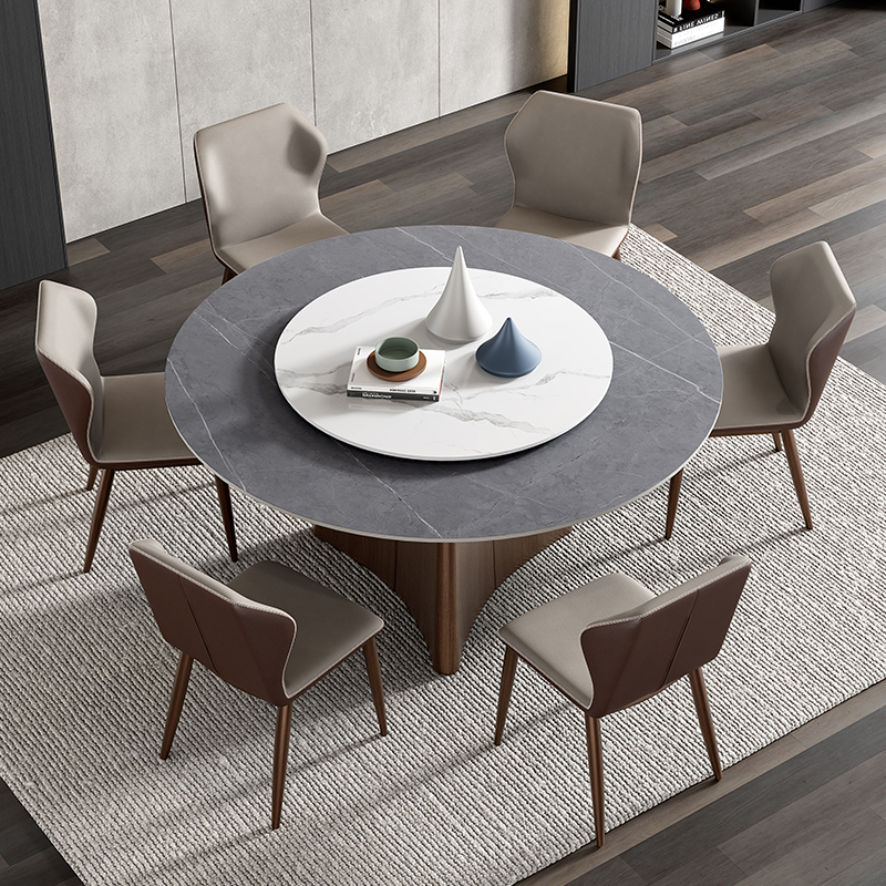 亮光岩板饭桌大理石m餐桌椅组合现代 家用带转盘圆形1.8米酒店圆