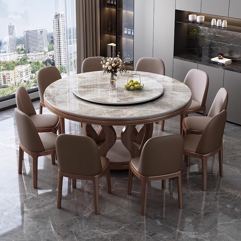 大理石餐桌椅组合 现代简约家用圆C形饭桌轻奢实木 带转盘岩板圆