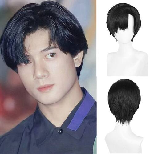 郭富城偏分假发男短发四大天王城城怀旧中分黑色发型舞台演出假毛