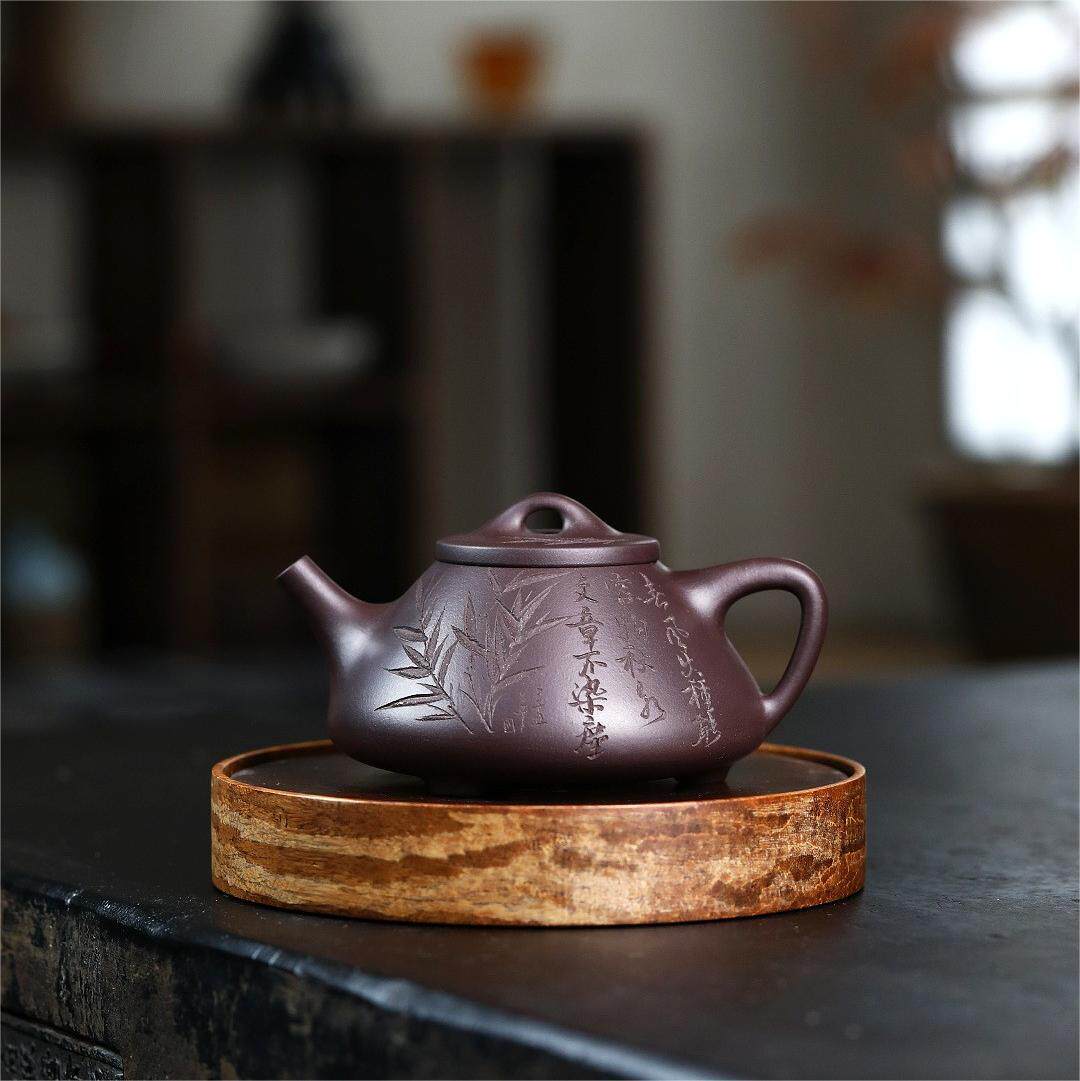 宜兴原矿老紫泥手工刻绘子冶石瓢礼品紫砂壶茶茶具