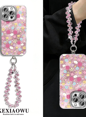 适用苹果13proma蝴蝶结小花6/7plus精孔冰川纹17pro清新细闪苹果11新款手链x/xr手机壳iphone15/16手机壳