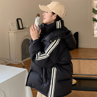 谷纪羽绒服女短款2024年新款韩版宽松加厚条纹面包服小个子冬外套