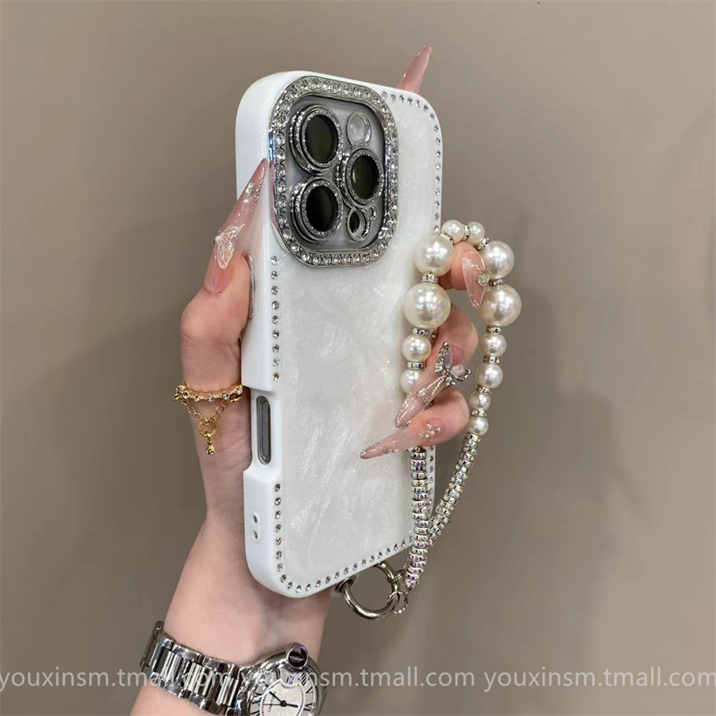 超好看ins奶油镶钻带挂链适用iPhone16promax手机壳15新款2025爆款14高级13网红12女16全包Pro防摔15promax套