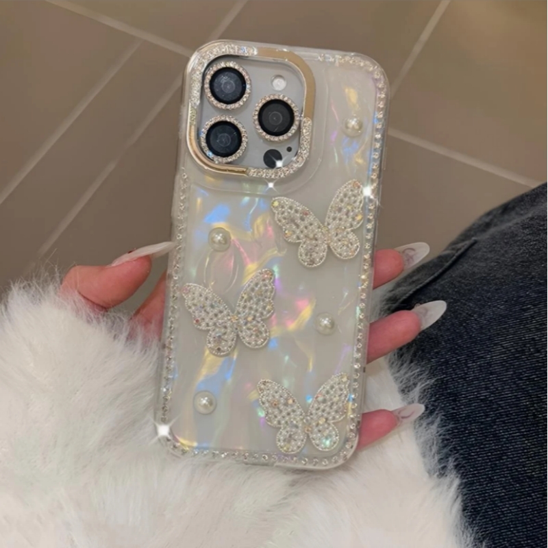 贝母纹蝴蝶星星闪钻边框适用苹果16promax手机壳iphone15新款水钻镜头框14pm全包软边ip13防摔12外壳女款ins
