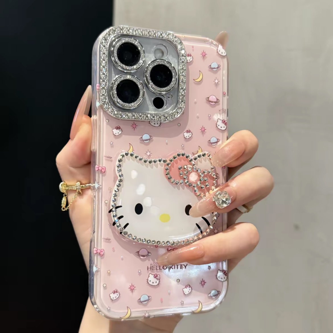 ins全包边镶钻kitty猫镜子适用iPhone16promax苹果15手机壳14新款12高级13女16网红2025爆款Pro防摔ProMax套