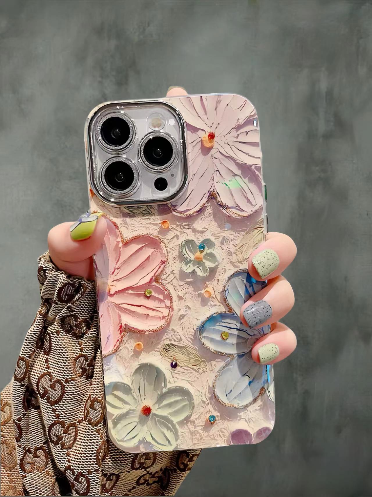 适用iphone14promax手机壳苹果15pro蓝光油画花朵13韩风女11镜头全包12pro max高级感16pm挂绳新款防摔保护套
