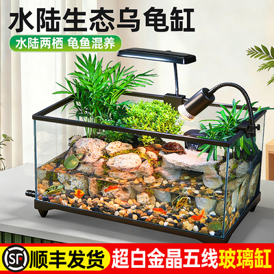 懒人福利乌龟缸带晒爬台生态造景
