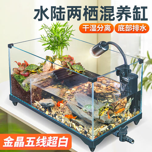 乌龟缸水陆双区玻璃缸龟鱼混养缸