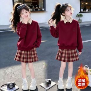 女童秋冬洋气卫衣A字裙两件套韩版长袖上衣格子裙套装休闲保暖衫6