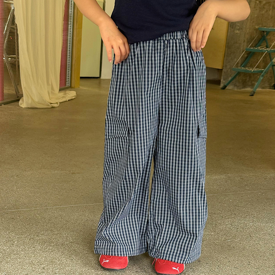 女童复古格子百搭休闲口袋工装裤