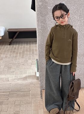 Yumi妈儿童冬装防风保暖连帽衫上衣女童锁温半拉链毛绒卫衣25H008