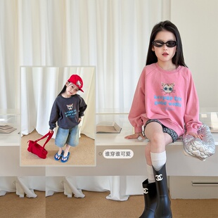 宽松卡通小猫卫衣26A156 Yumi妈春女童复古做旧洗褪工艺儿童套头衫