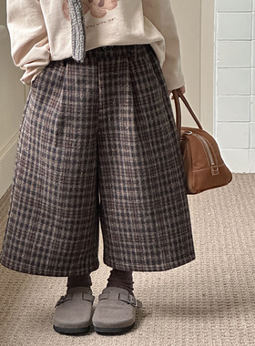 Yumi妈含40%羊毛女童冬装180g奥粒儿童羊毛八分毛呢格子裤25H048