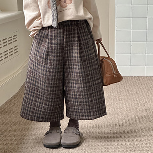 Yumi妈含40%羊毛女童冬装 25H048 180g奥粒儿童羊毛八分毛呢格子裤