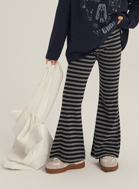 Yumi妈女童韩系条纹喇叭裤秋装儿童百搭简约高弹长裤25F169