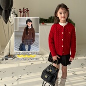 Yumi妈秋冬女童新年衣服针织开衫 儿童新款 字母刺绣麻花毛衣25M154