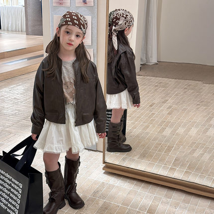 Yumi妈女童宝宝秋季儿童休闲帅气个性短款夹克皮衣外套 25G049