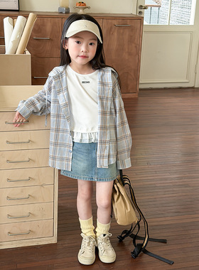 Yumi妈女童春夏款连帽防晒衫上衣轻薄透气洋气格子衬衫外套26A171