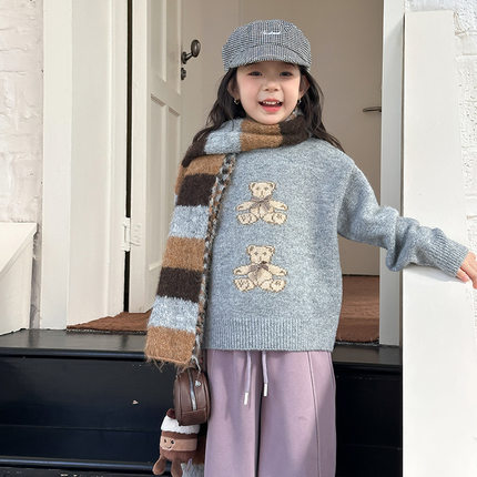 Yumi妈儿童冬季可爱针织上衣含6%羊毛立体蝴蝶结小熊毛衣25H173