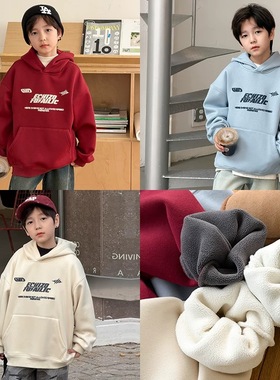 Yumi妈男女童新年红加绒加厚连帽上衣2025冬美式字母卫衣 25M117