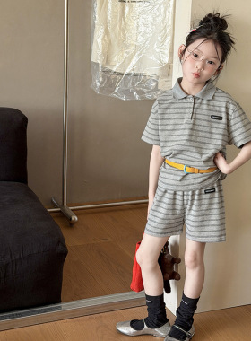 Yumi妈儿童夏季女童两件套条纹POLO衫短袖短裤两件套装潮26B014