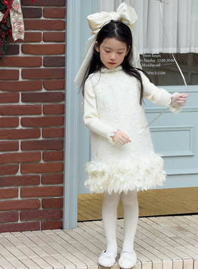 Yumi妈2025年女童冬季小香风儿童千金风公主花朵羽毛背心裙25M067