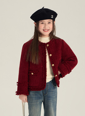 Yumi妈冬季中大童韩版高级小香风外套女童粗花呢夹棉棉服25M039