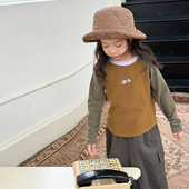 Yumi妈冬季 儿童双面暖绒T恤女童撞色加厚插肩打底衫 上衣25H071