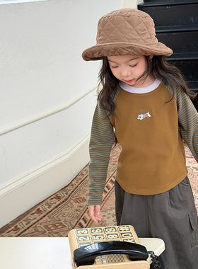 Yumi妈冬季儿童双面暖绒T恤女童撞色加厚插肩打底衫上衣25H071