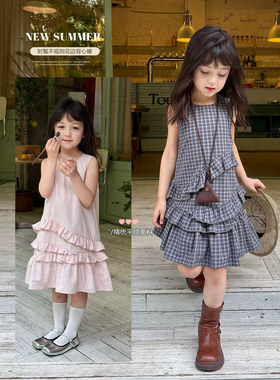 Yumi妈  儿童韩系女童甜美连衣裙不规则拼接花边背心裙25C021