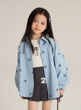 Yumi妈女童韩版甜美蝴蝶结衬衫儿童宝宝满印翻领衬衣外套  24X149