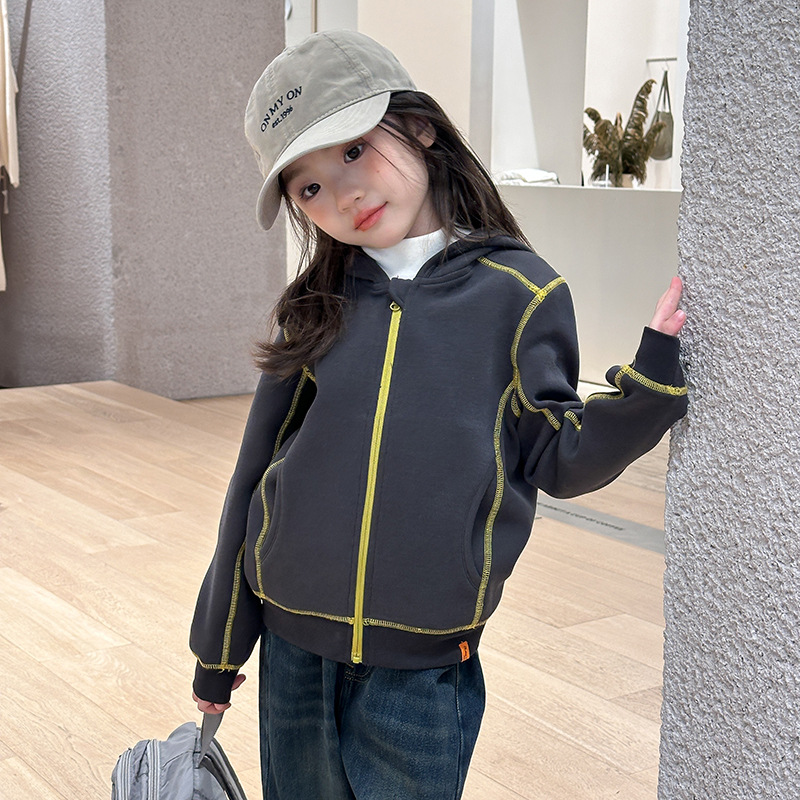 Yumi妈儿童明线撞色连帽卫衣