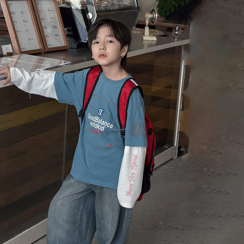 男童秋季纯棉拼接长袖T恤