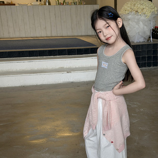 Yumi妈女童韩系短款辣妹背心儿童夏装精致贴标蕾丝花边背心26B013