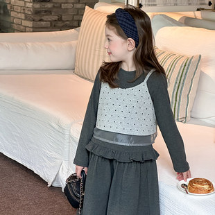 25F050 儿童波点吊带背心 Yumi妈女童秋装 宝宝甜美花边打底衫