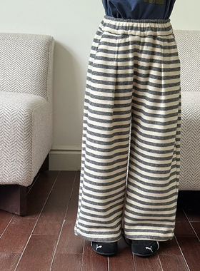Yumi妈女童秋装宽松韩版直筒裤儿童个性贴标字母条纹 裤25F046