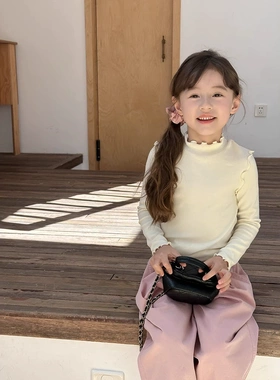 Yumi妈女童甜美叠穿内搭长袖儿童设计感木耳花边打底衫   25A034