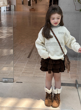 Yumi妈女童秋季宽松洋气叠穿镂空毛衣儿童宝宝针织罩衫25G099