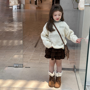 Yumi妈女童秋季 25G099 宽松洋气叠穿镂空毛衣儿童宝宝针织罩衫
