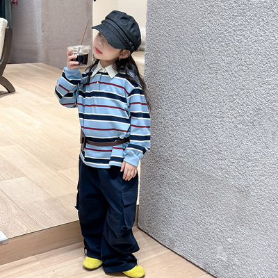 男女童韩版宽条纹卫衣翻领撞色