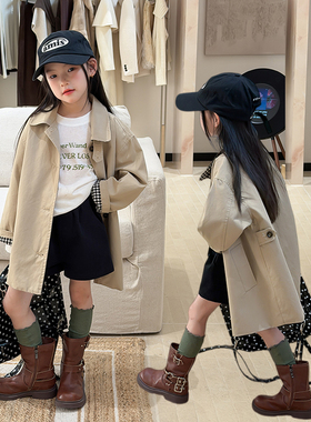 Yumi妈女童成人气质中长款大衣潮儿童韩版春季休闲风衣外套26A017