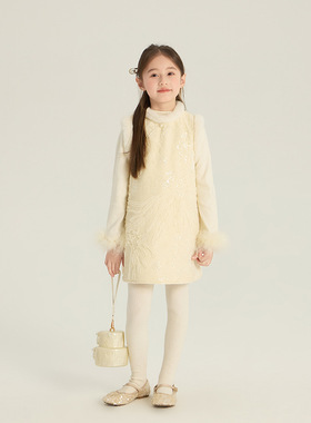 Yumi妈女童冬季重工亮片连衣裙夹棉旗袍裙新中式毛边背心裙25M040